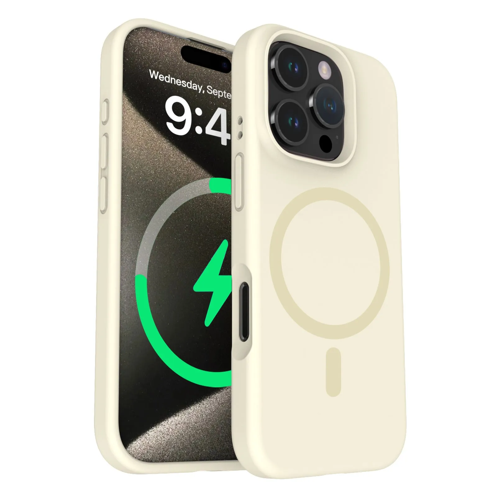 Liquid silicone magnetic phone case for iPhone showing full lens coverage and colour options including black, white, and antique white