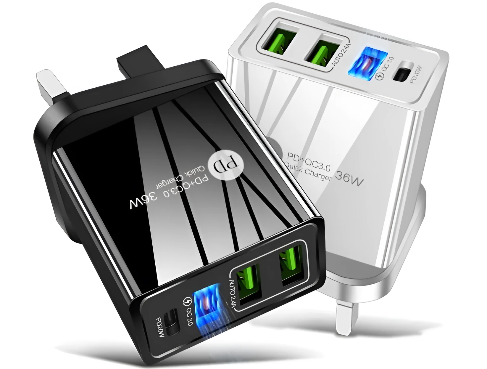Black 20W PD fast charger with four USB ports for Quick Charge 3.0