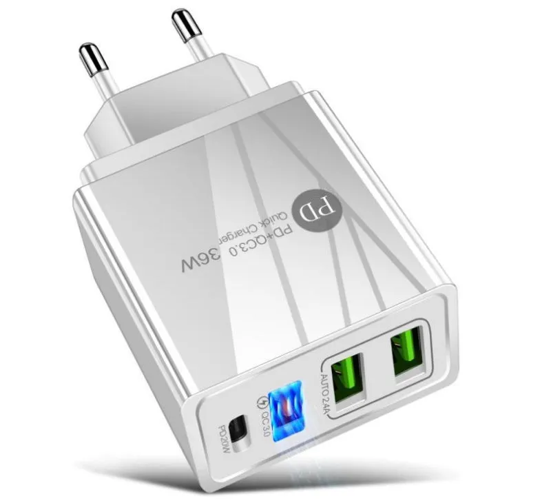 Black 20W PD fast charger with four USB ports for Quick Charge 3.0