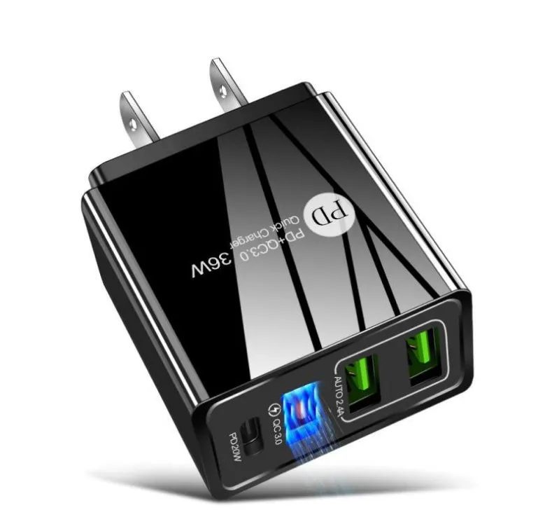Black 20W PD fast charger with four USB ports for Quick Charge 3.0