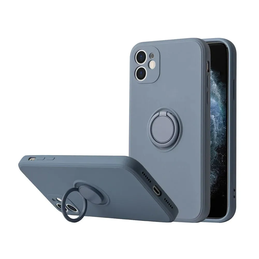 Liquid silicone iPhone case with a built-in ring bracket shown in multiple colour options.