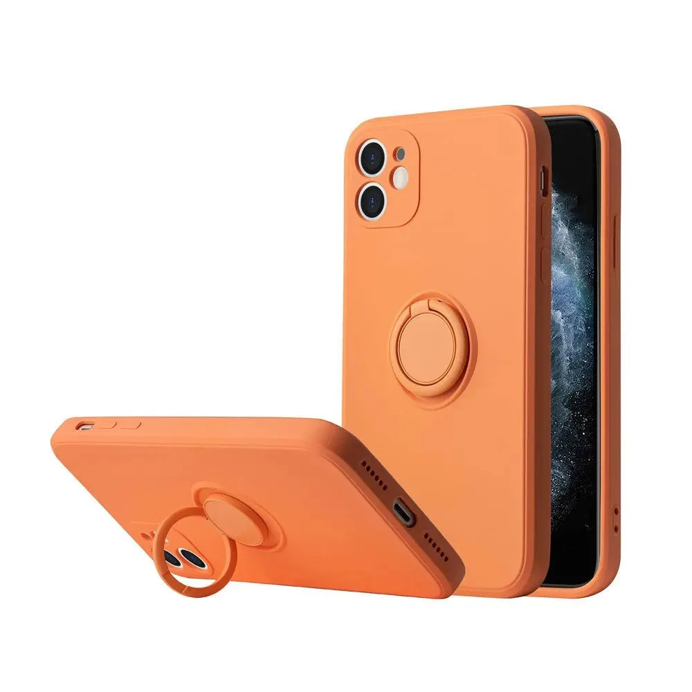 Liquid silicone iPhone case with a built-in ring bracket shown in multiple colour options.