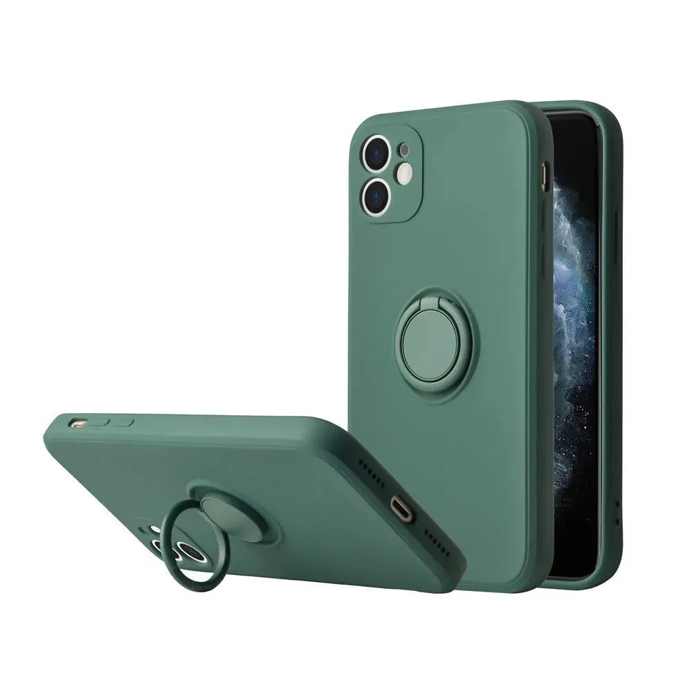 Liquid silicone iPhone case with a built-in ring bracket shown in multiple colour options.