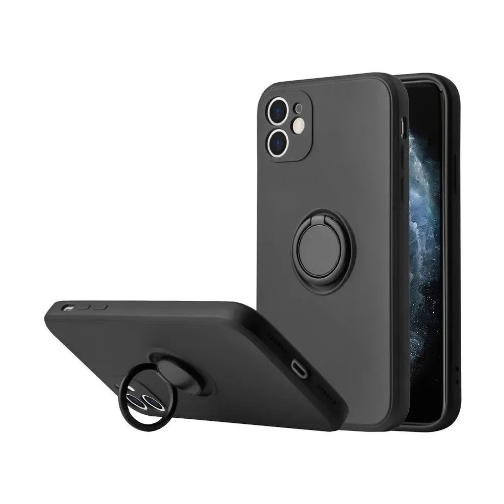 Liquid silicone iPhone case with a built-in ring bracket shown in multiple colour options.