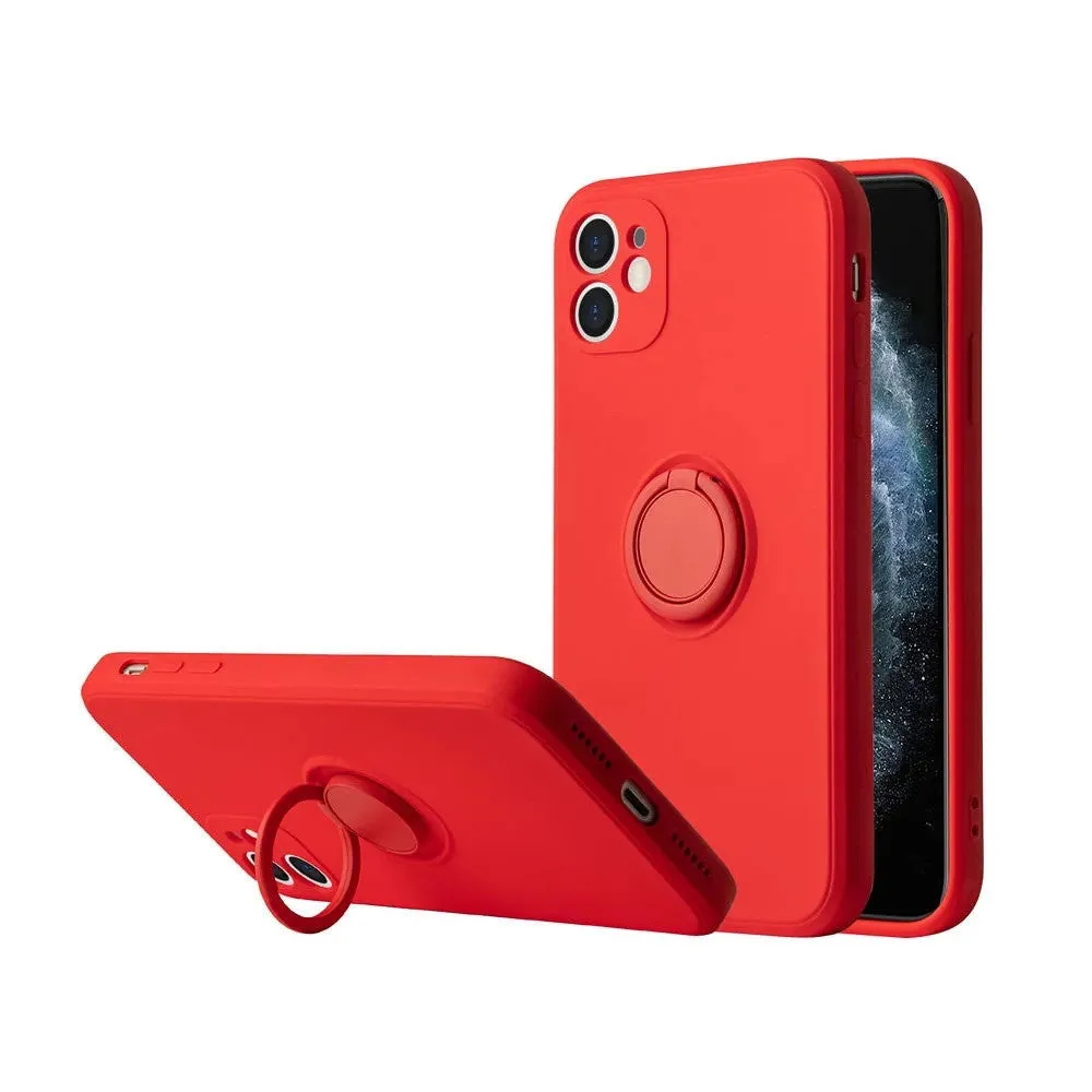 Liquid silicone iPhone case with a built-in ring bracket shown in multiple colour options.