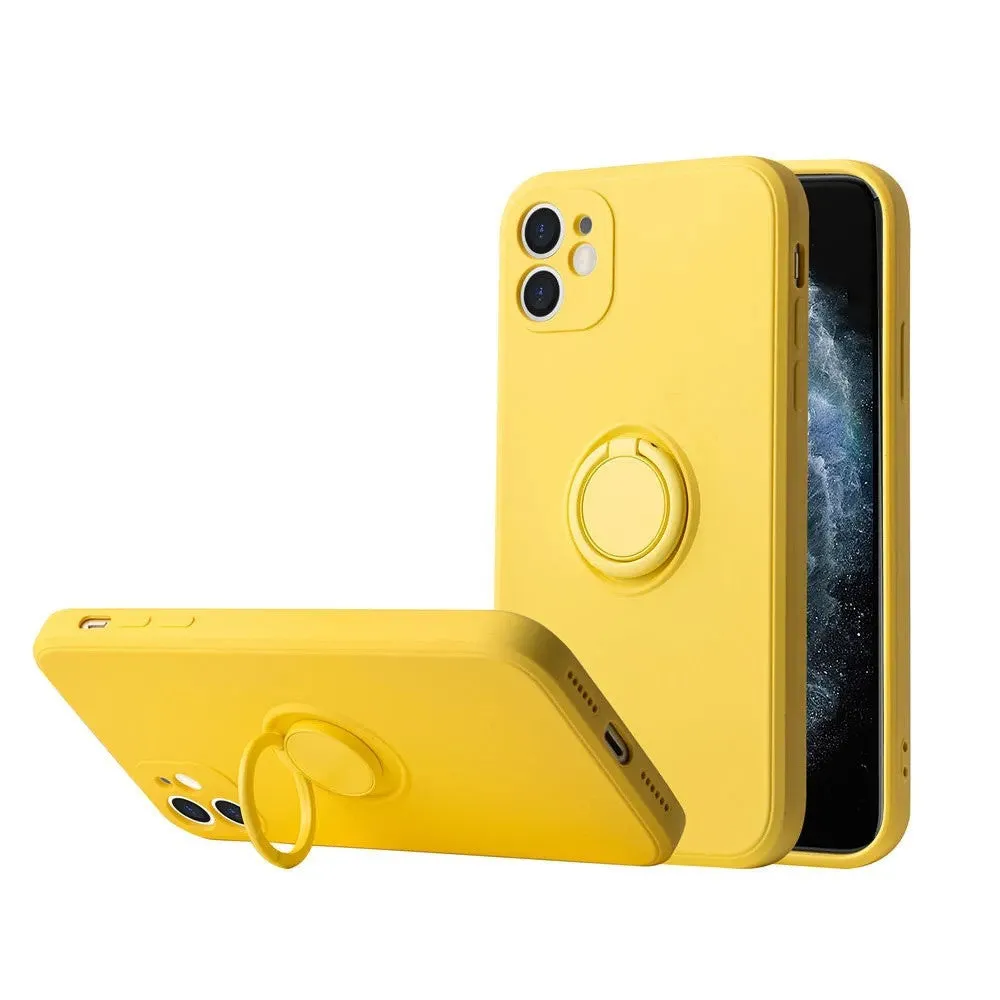 Liquid silicone iPhone case with a built-in ring bracket shown in multiple colour options.