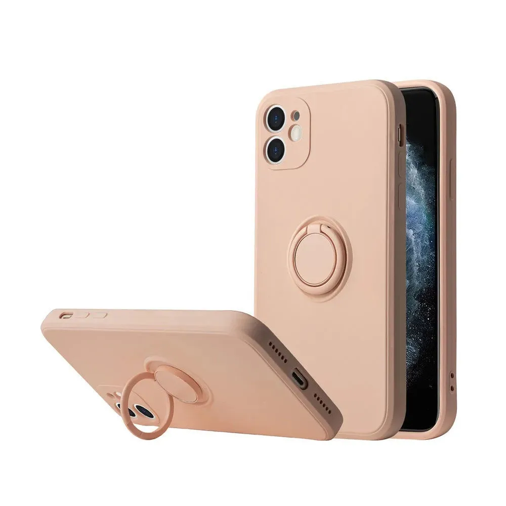Liquid silicone iPhone case with a built-in ring bracket shown in multiple colour options.