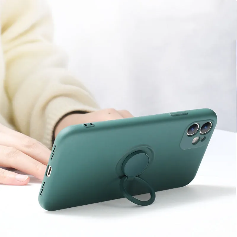 Liquid silicone iPhone case with a built-in ring bracket shown in multiple colour options.
