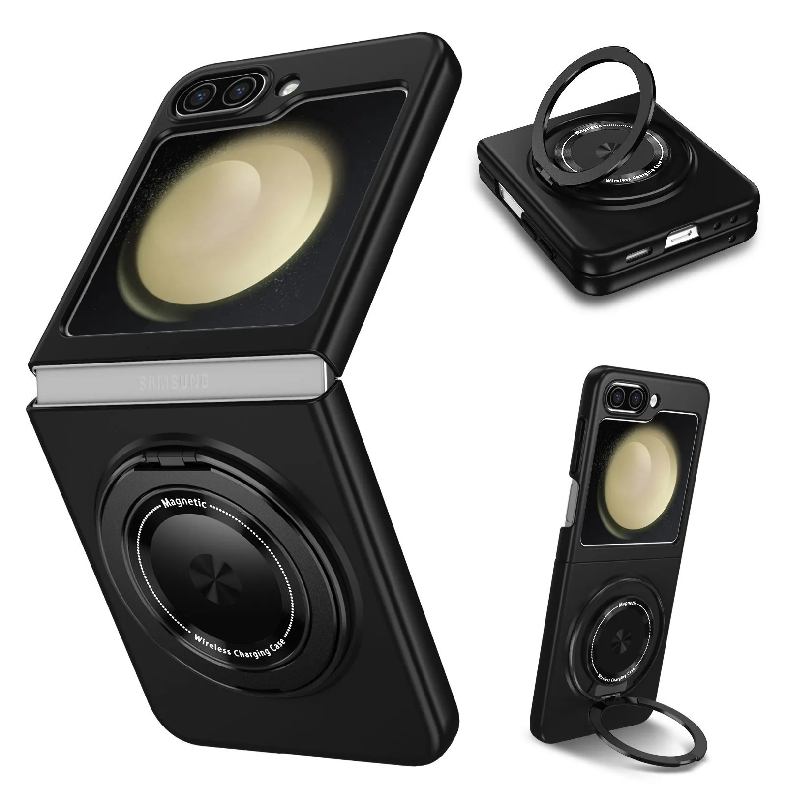 Samsung Galaxy Z Flip6 rotating bracket magnetic phone case in black frosted TPU with folding stand