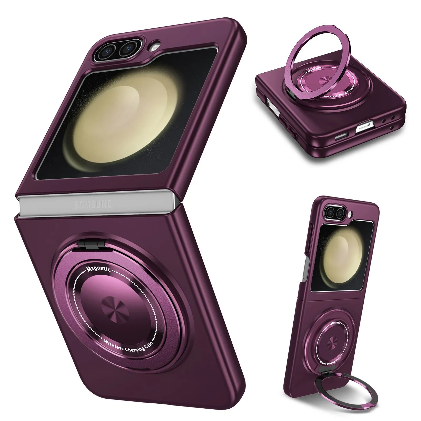 Samsung Galaxy Z Flip6 rotating bracket magnetic phone case in black frosted TPU with folding stand