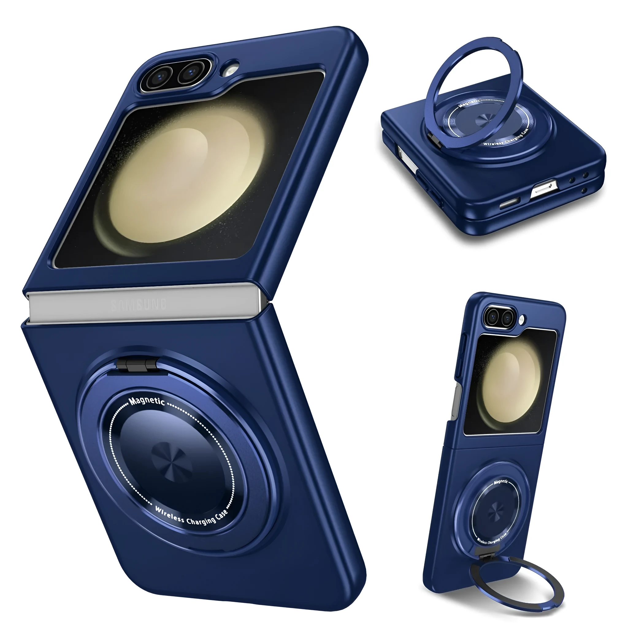 Samsung Galaxy Z Flip6 rotating bracket magnetic phone case in black frosted TPU with folding stand