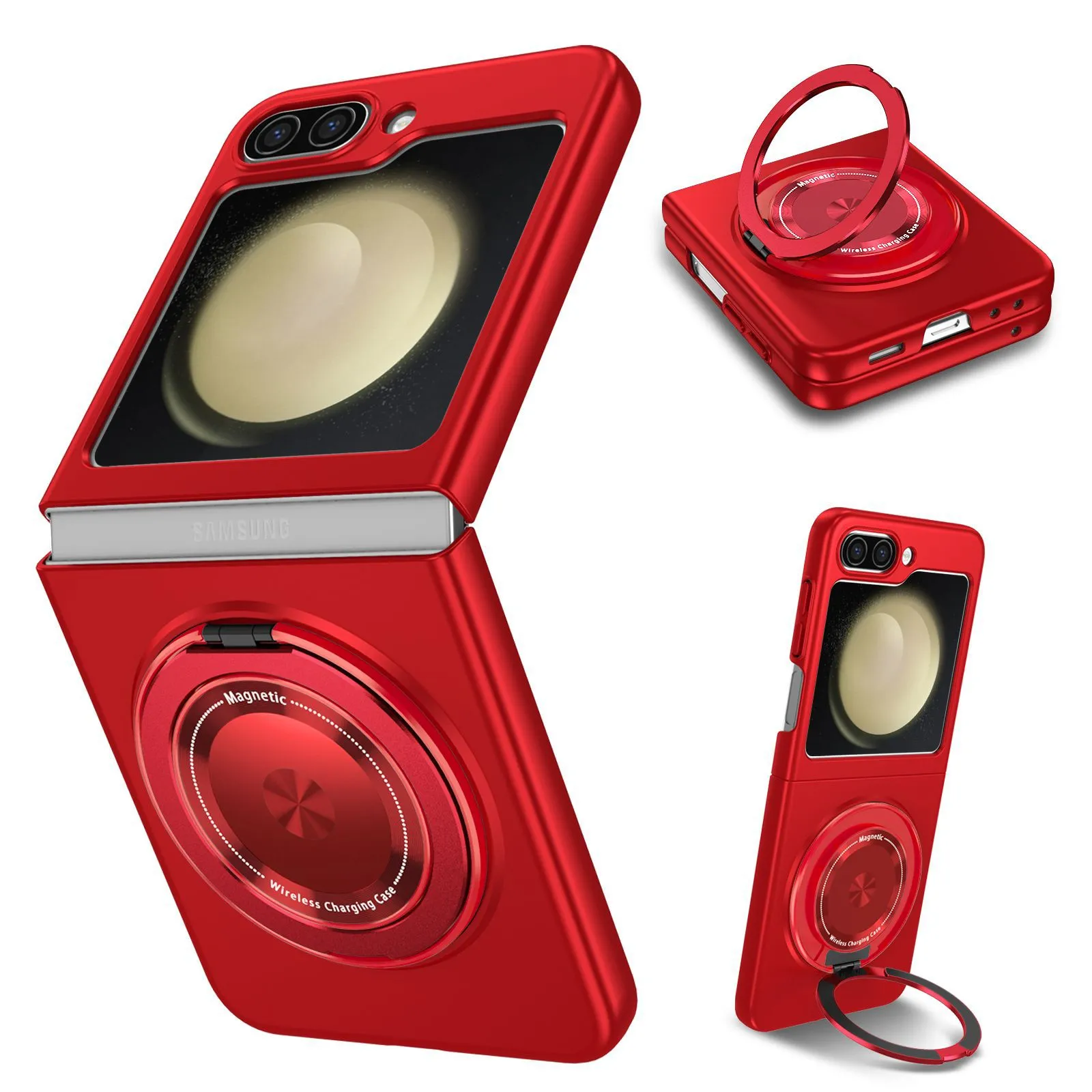 Samsung Galaxy Z Flip6 rotating bracket magnetic phone case in black frosted TPU with folding stand