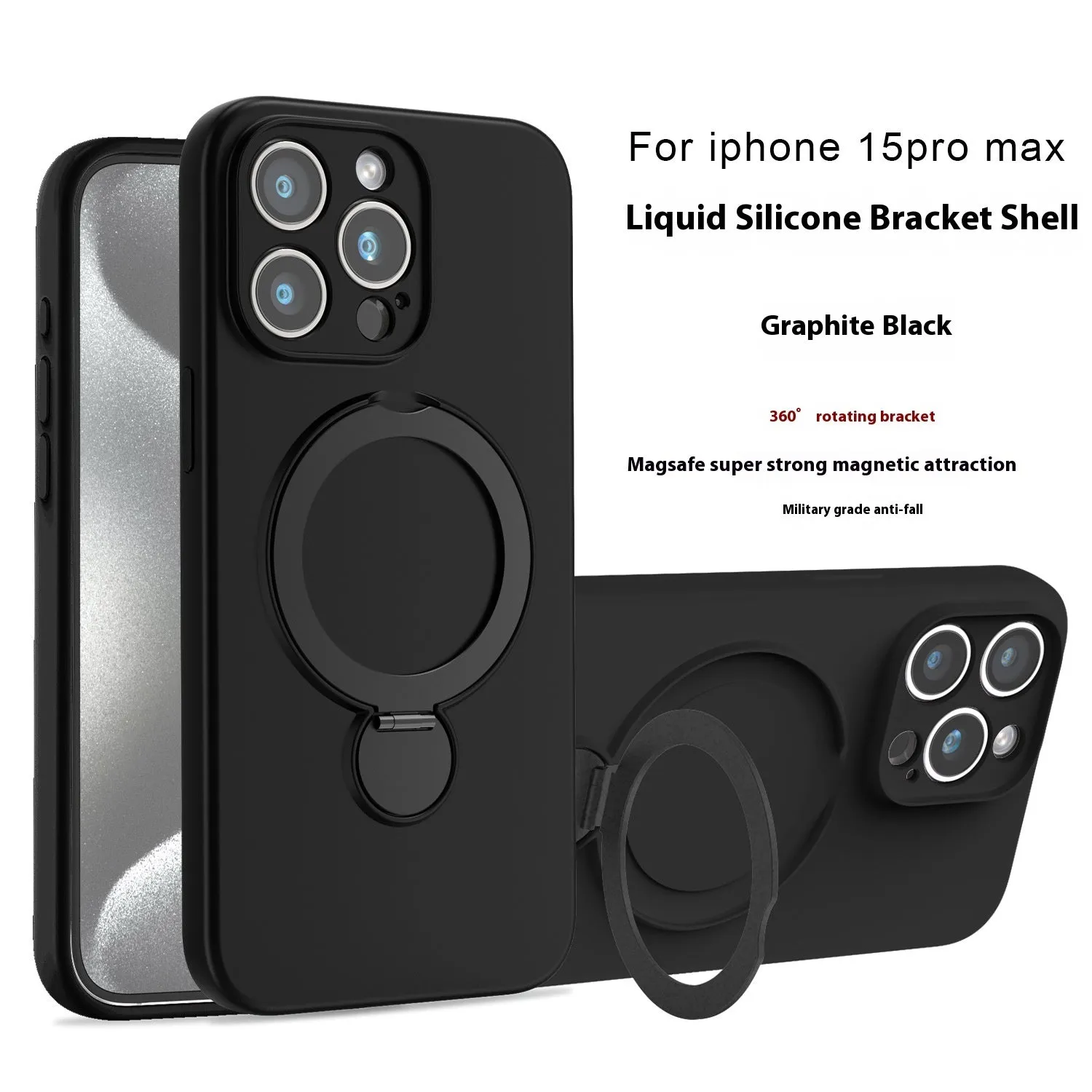 Liquid silicone magnetic bracket phone case for iPhone 14 15 16 in graphite black with anti-fall protection