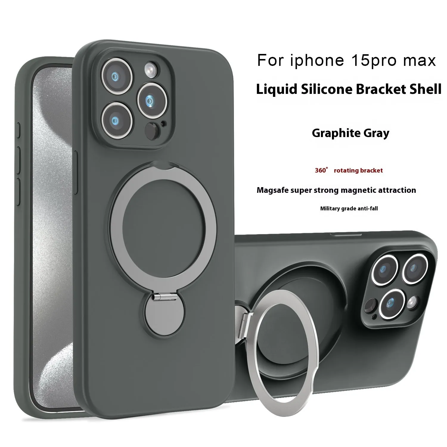 Liquid silicone magnetic bracket phone case for iPhone 14 15 16 in graphite black with anti-fall protection