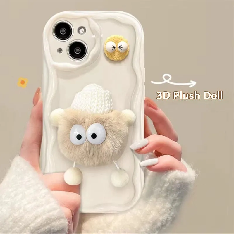 Cartoon cute plush hat doll TPU phone case for iPhone in cream shell-little devil fur ball beige style