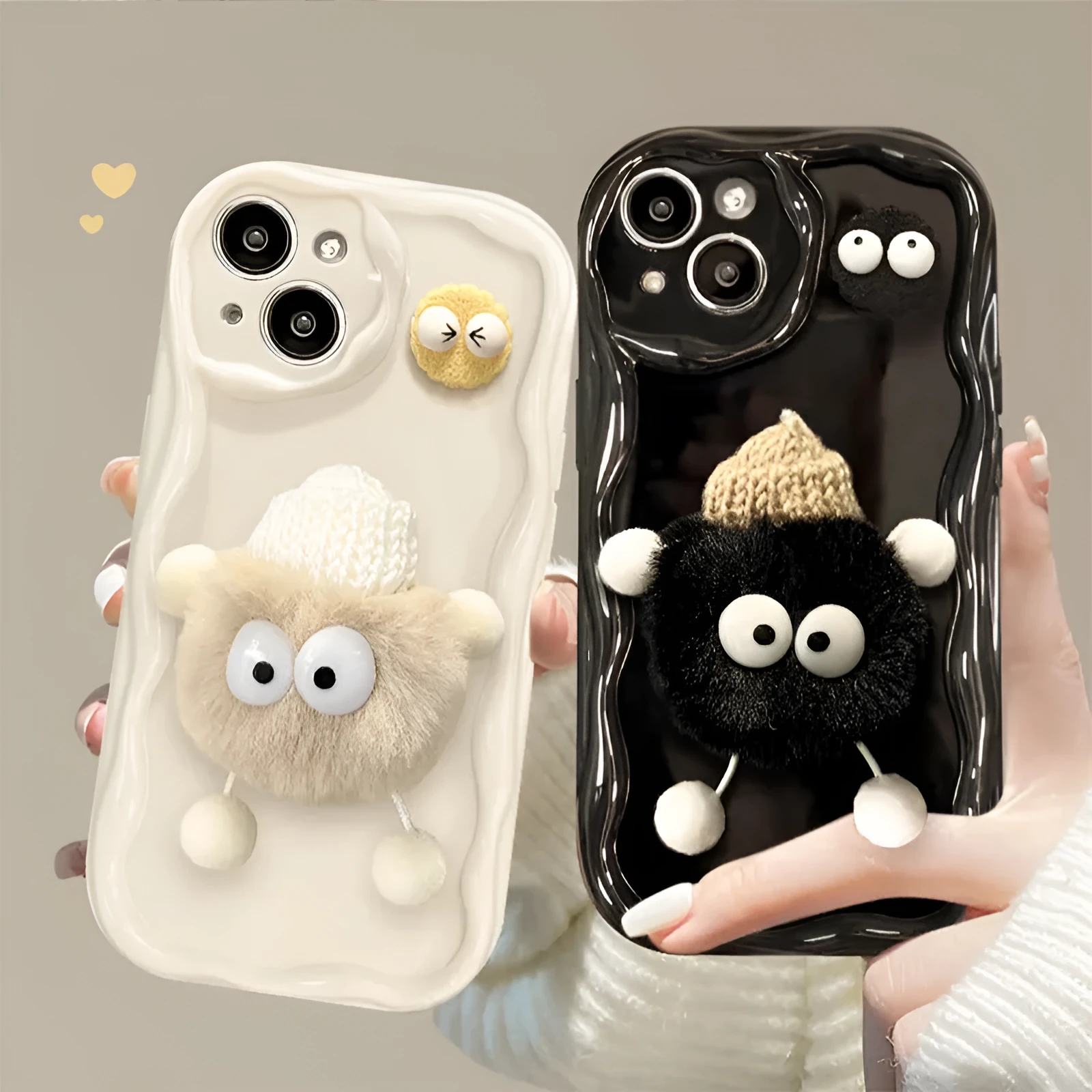 Cartoon cute plush hat doll TPU phone case for iPhone in cream shell-little devil fur ball beige style