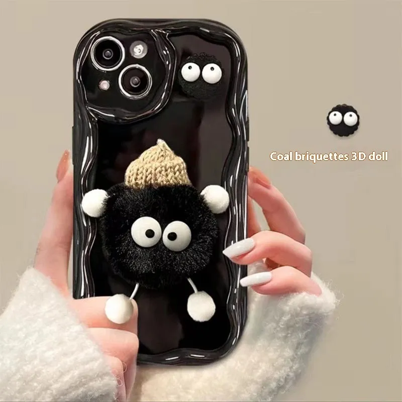 Cartoon cute plush hat doll TPU phone case for iPhone in cream shell-little devil fur ball beige style