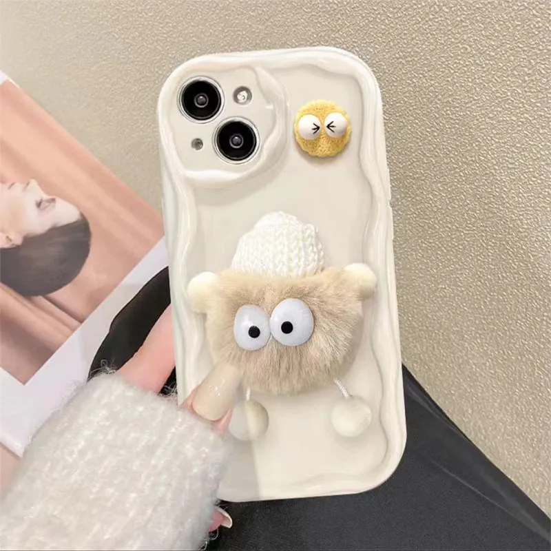 Cartoon cute plush hat doll TPU phone case for iPhone in cream shell-little devil fur ball beige style