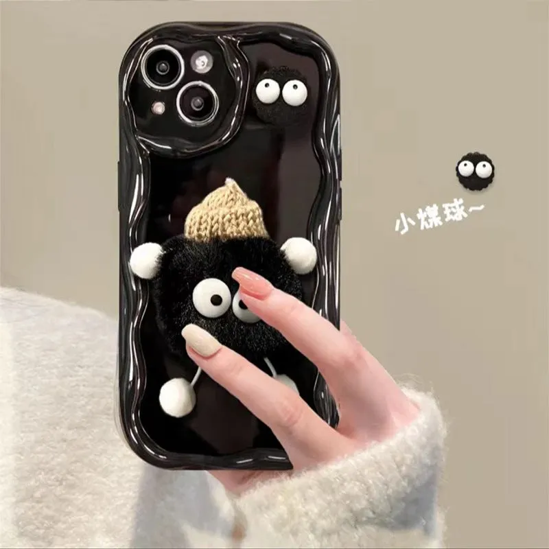 Cartoon cute plush hat doll TPU phone case for iPhone in cream shell-little devil fur ball beige style