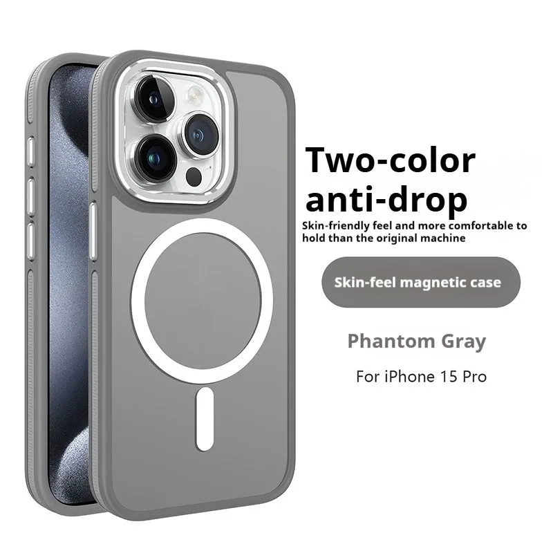 Frosted magnetic TPU phone case for iPhone 14 Pro Max with metal lens ring in black