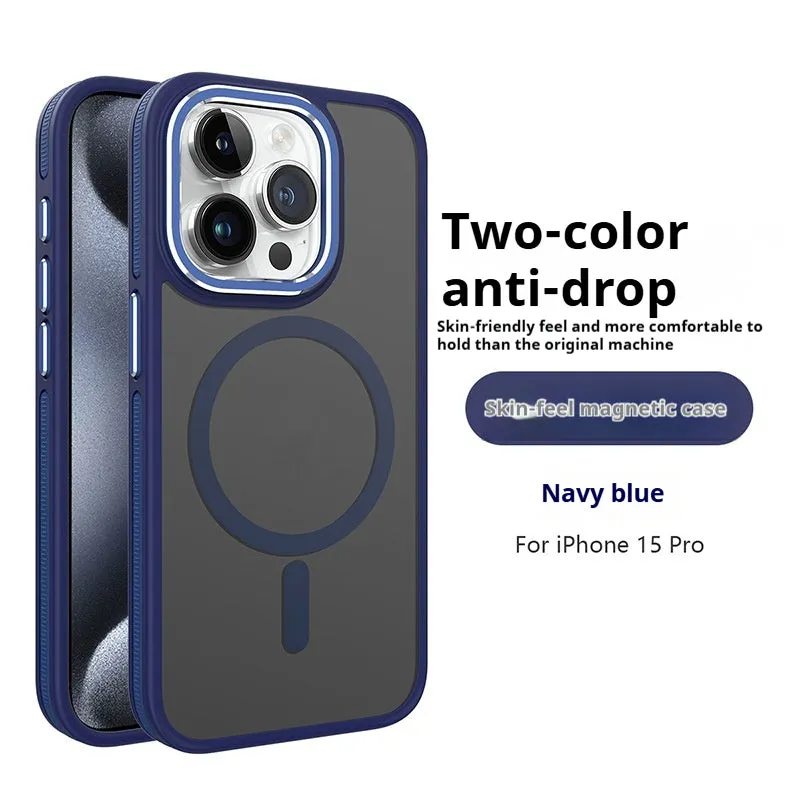 Frosted magnetic TPU phone case for iPhone 14 Pro Max with metal lens ring in black