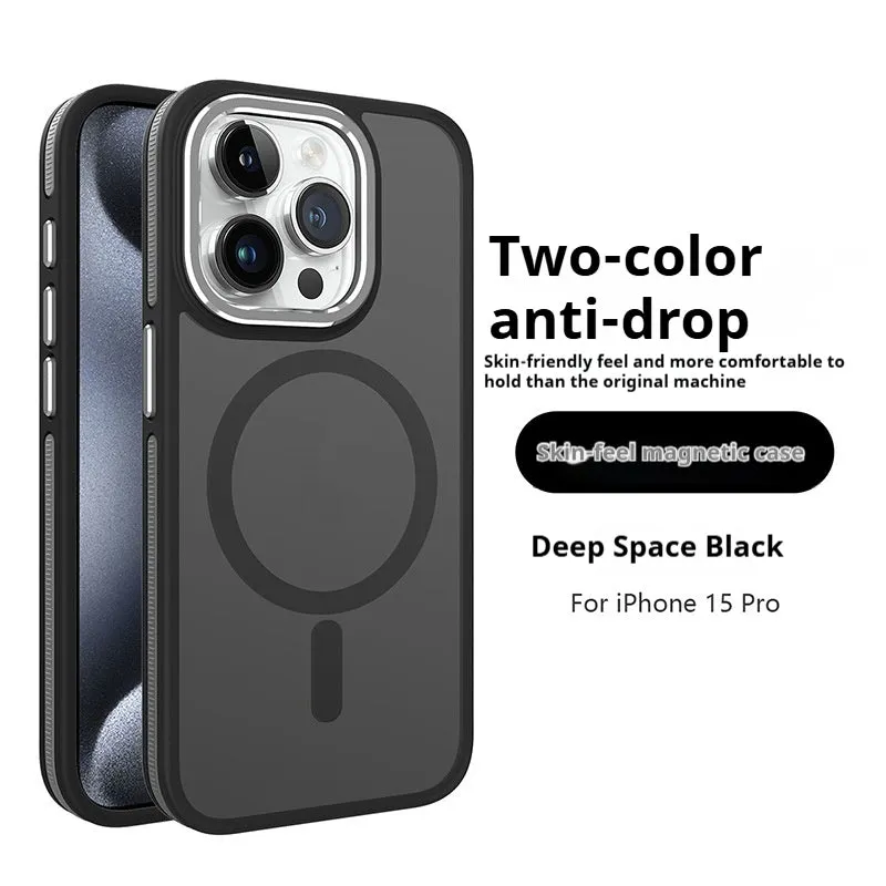 Frosted magnetic TPU phone case for iPhone 14 Pro Max with metal lens ring in black
