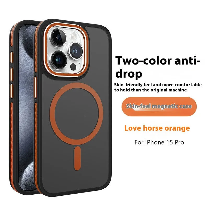 Frosted magnetic TPU phone case for iPhone 14 Pro Max with metal lens ring in black