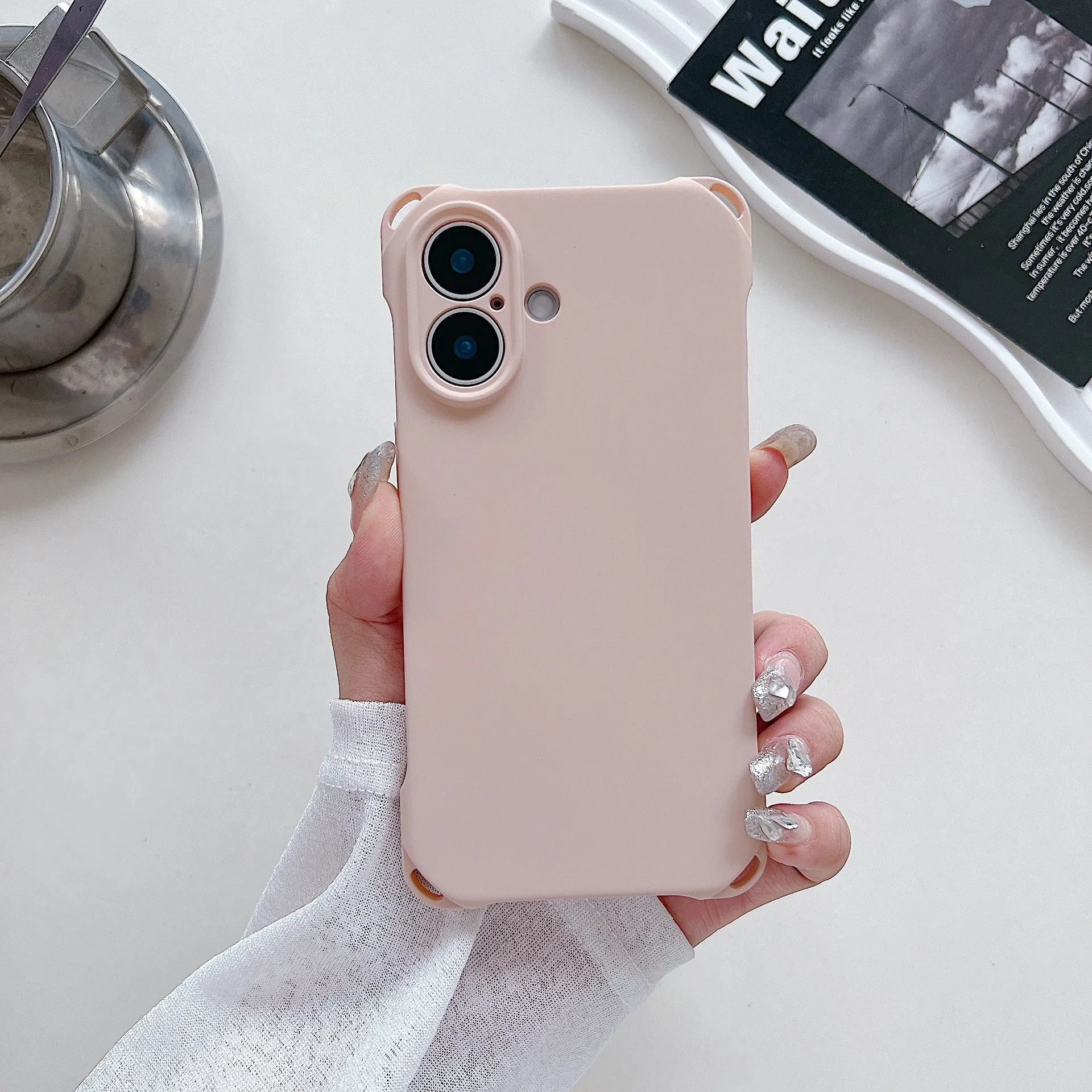 Four-corner cross lanyard liquid silicone phone case for Apple iPhone 16, soft anti-fall, antique white colour