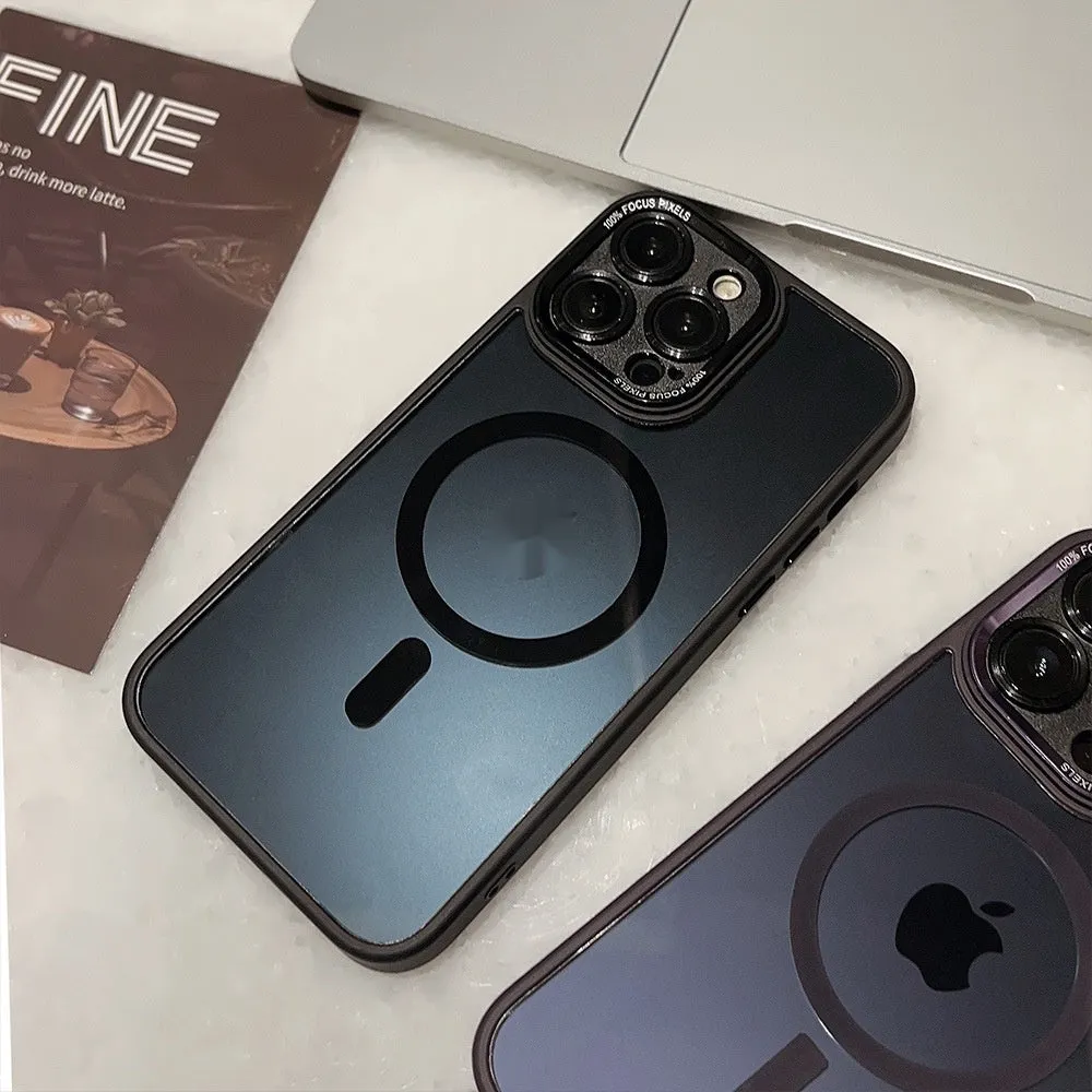 Transparent metal acrylic magnetic suction TPU phone case for iPhone, black and purple colour options