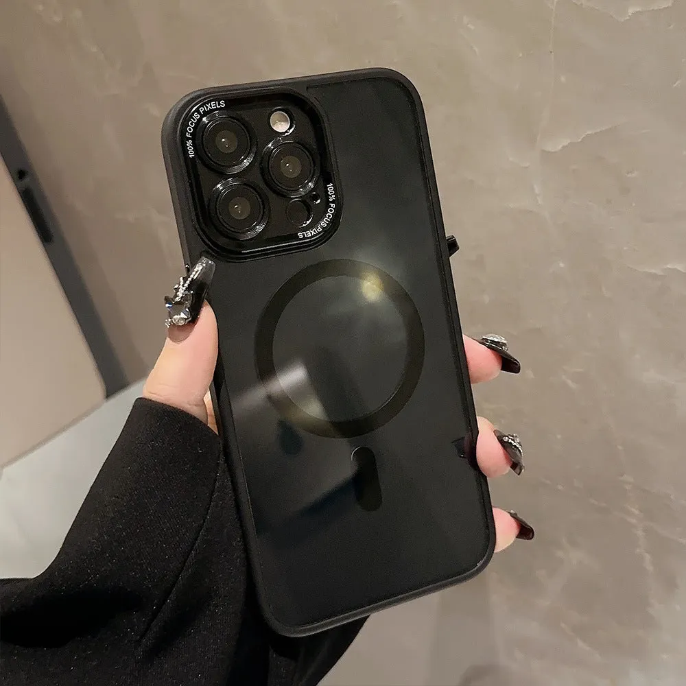 Transparent metal acrylic magnetic suction TPU phone case for iPhone, black and purple colour options
