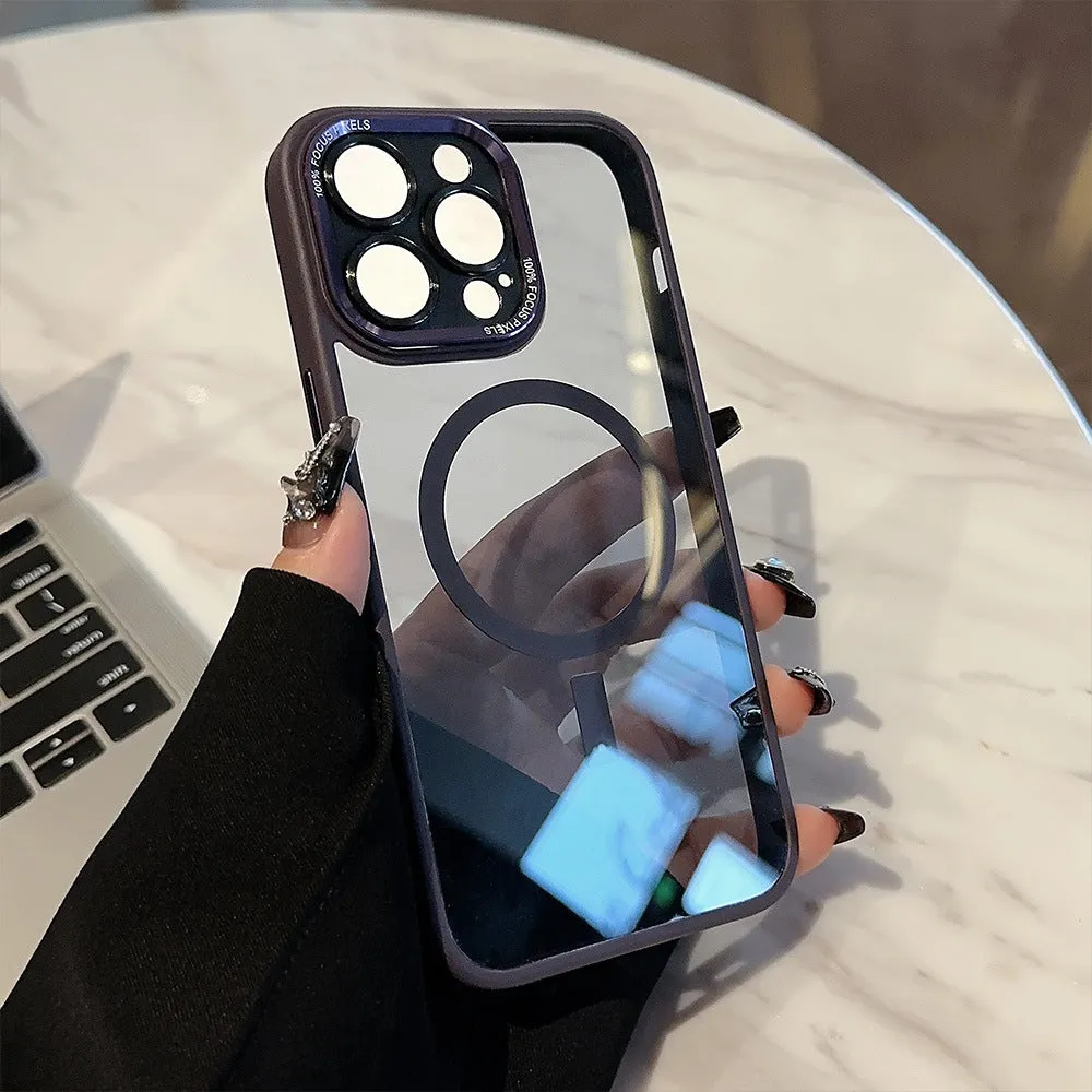 Transparent metal acrylic magnetic suction TPU phone case for iPhone, black and purple colour options