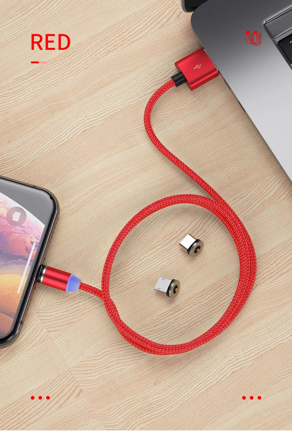 Magnetic USB cable with LED indicator in black 1m length for fast charging