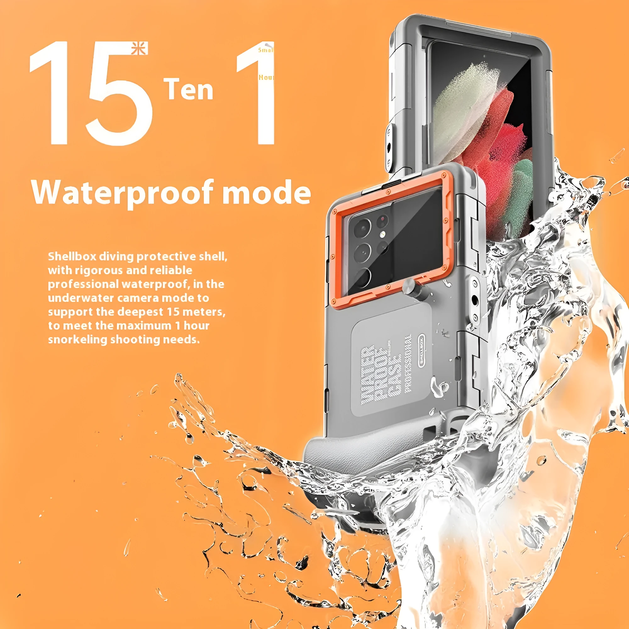 Blue orange waterproof case set for Apple phone, 15 metre diving depth, injection moulded TPE PC glass zinc alloy