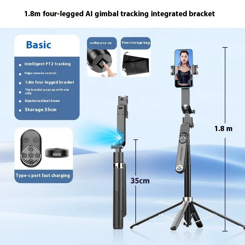 Bluetooth quadrupod selfie stick tripod with remote control, phone clamp, and four legs extended on a table