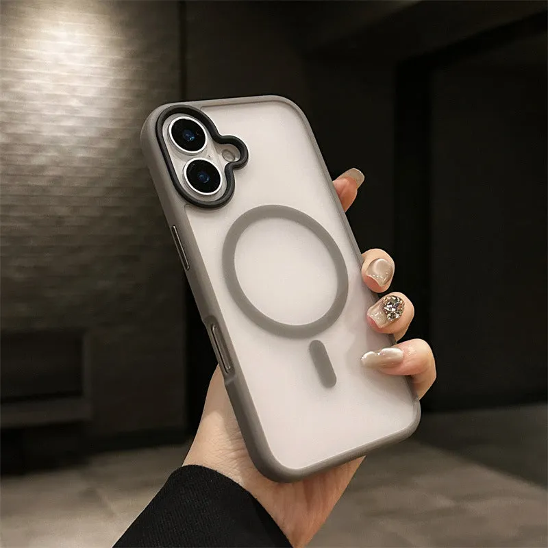 Matte magnetic PC phone case for iPhone 16 in black colour with magnetic ring visible on back