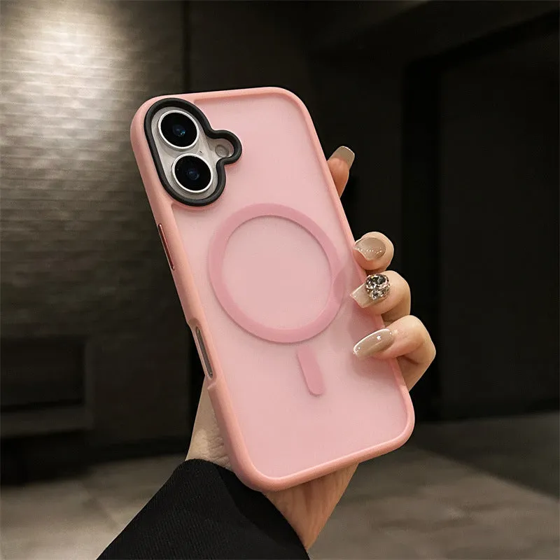 Matte magnetic PC phone case for iPhone 16 in black colour with magnetic ring visible on back