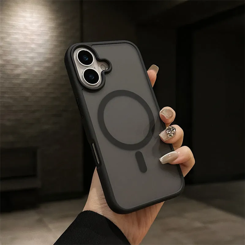Matte magnetic PC phone case for iPhone 16 in black colour with magnetic ring visible on back