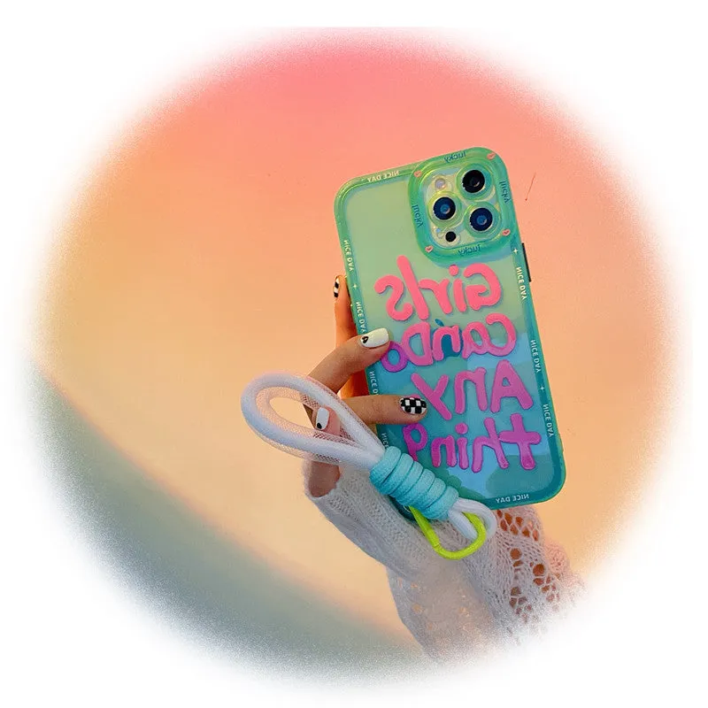Graffiti personalised English lanyard phone case for iPhone in TPU with detachable strap