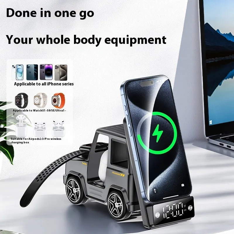 Six-in-one wireless charger stand in gray PC ABS with phone watch and headset on desktop
