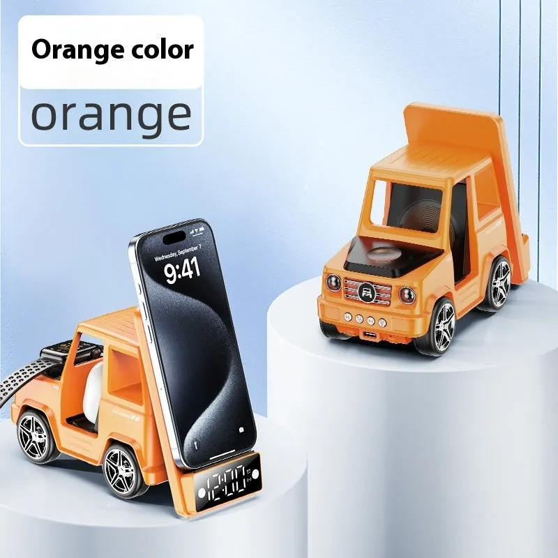 Six-in-one wireless charger stand in gray PC ABS with phone watch and headset on desktop
