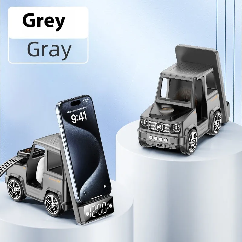Six-in-one wireless charger stand in gray PC ABS with phone watch and headset on desktop