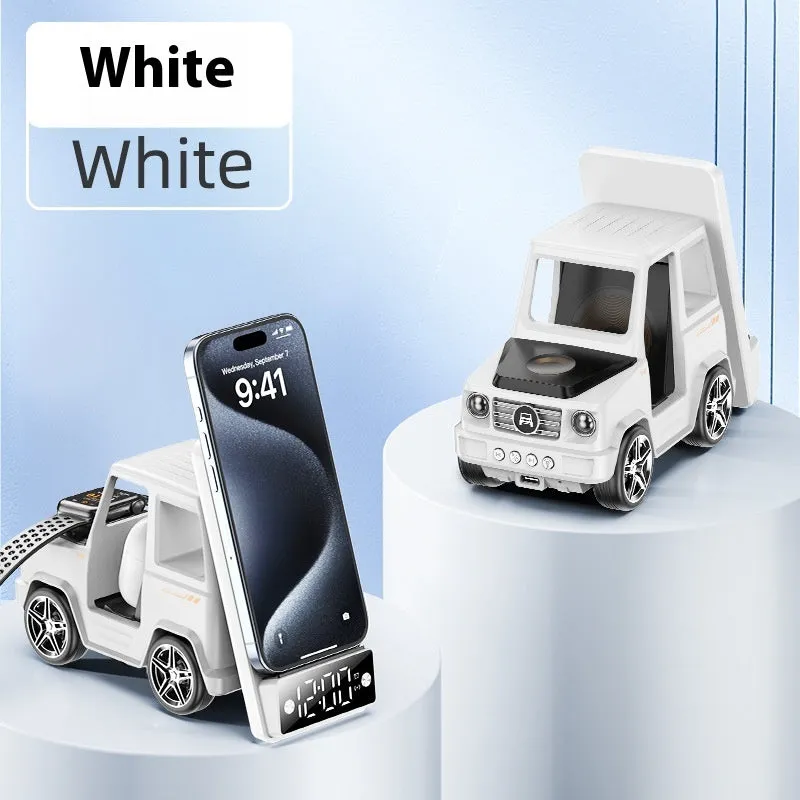 Six-in-one wireless charger stand in gray PC ABS with phone watch and headset on desktop