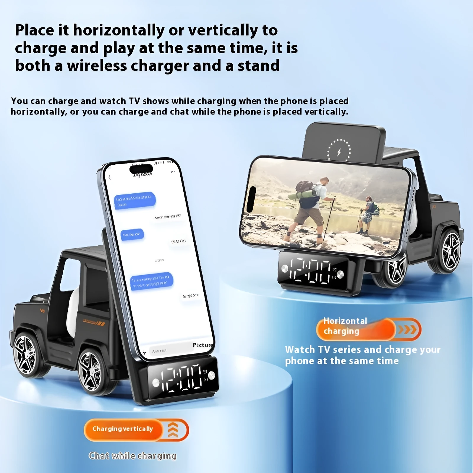 Six-in-one wireless charger stand in gray PC ABS with phone watch and headset on desktop