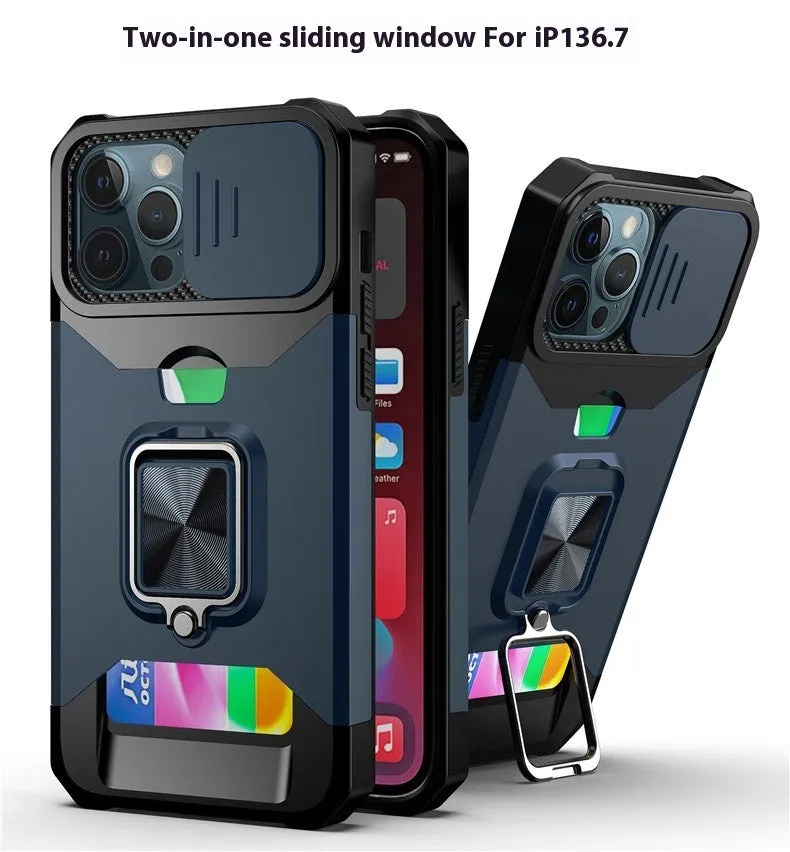 Drop-resistant protective phone case with sliding window and ring for iPhone models in black