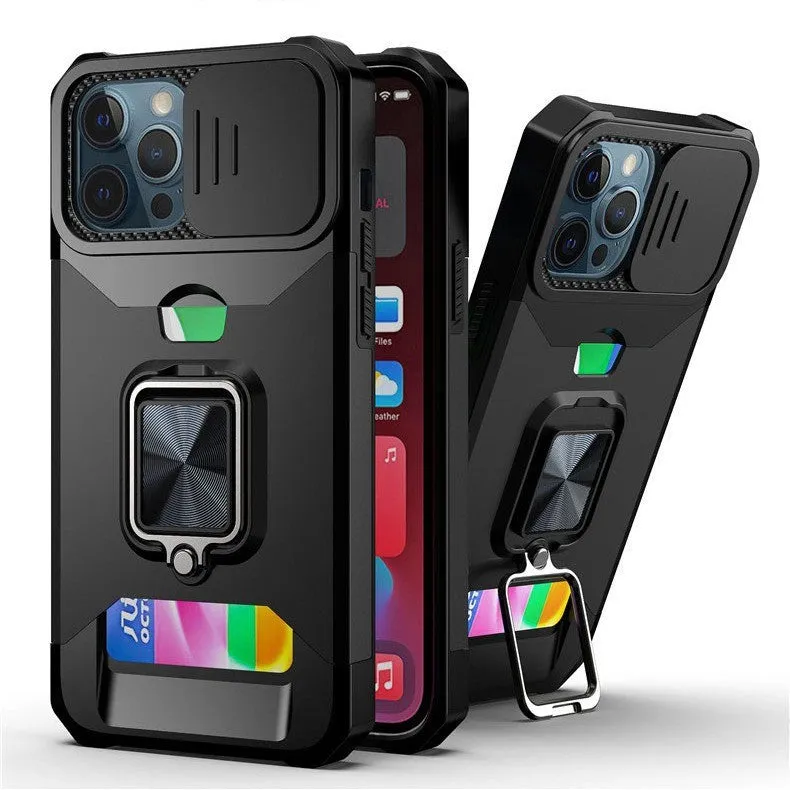 Drop-resistant protective phone case with sliding window and ring for iPhone models in black