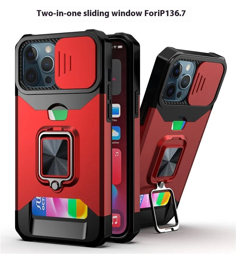 Drop-resistant protective phone case with sliding window and ring for iPhone models in black