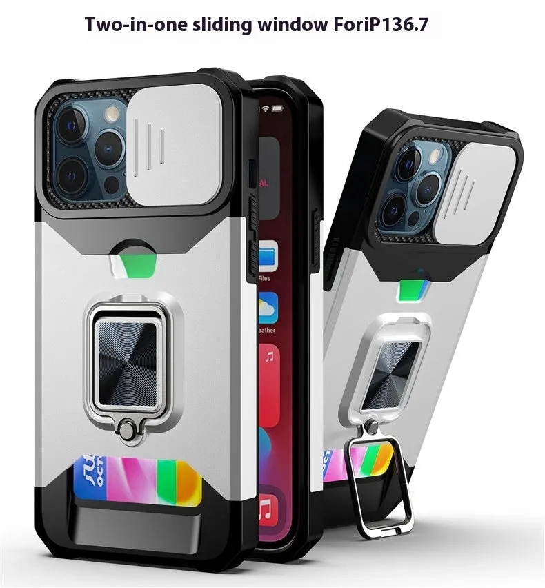 Drop-resistant protective phone case with sliding window and ring for iPhone models in black