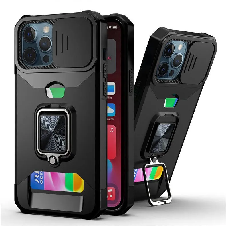 Drop-resistant protective phone case with sliding window and ring for iPhone models in black