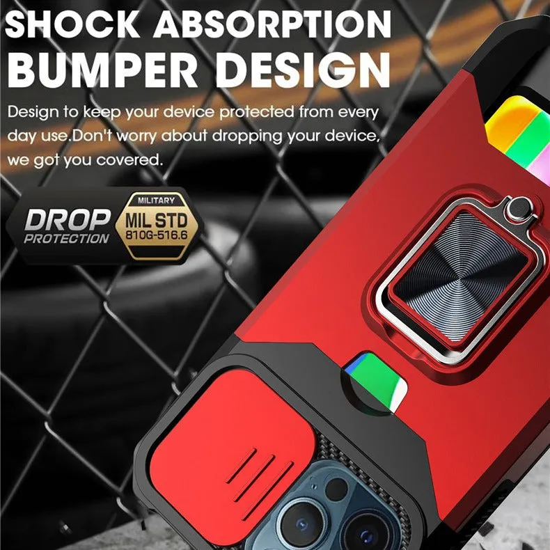 Drop-resistant protective phone case with sliding window and ring for iPhone models in black