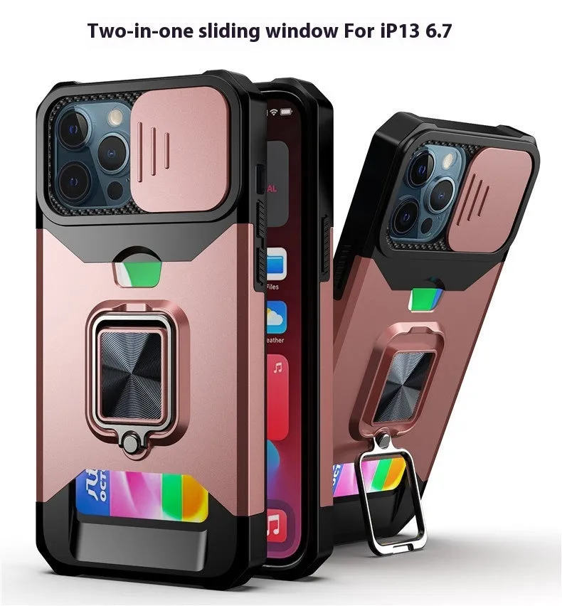 Drop-resistant protective phone case with sliding window and ring for iPhone models in black
